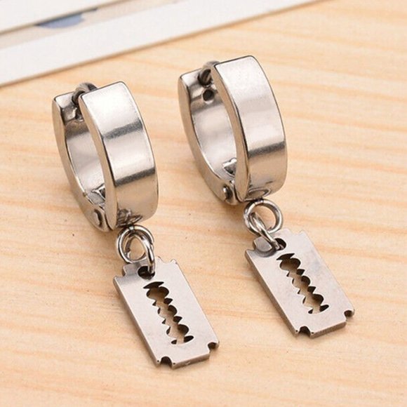 Mens Silver Stainless Steel Razor Blade Hoop Dangle Earrings Party Gift - Picture 1 of 4
